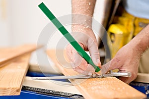 Home improvement - close-up of man measure wood photo