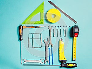 Home improvement concept. Set work hand tool for construction or repair of house