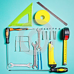 Home improvement concept. Set work hand tool for construction or repair of house