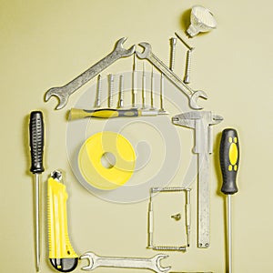 Home improvement concept. Set work hand tool for construction or repair of house