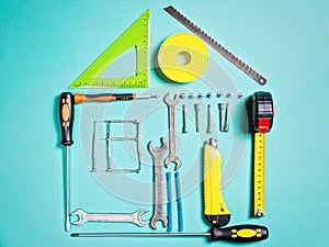 Home improvement concept. Set work hand tool for construction or repair of house