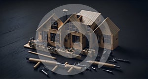 Home improvement concept - Wooden model house with folding ruler, work tools and a calculator on a wooden desk Ai generated