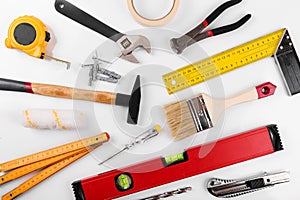 Home improvement diy construction tools on white photo