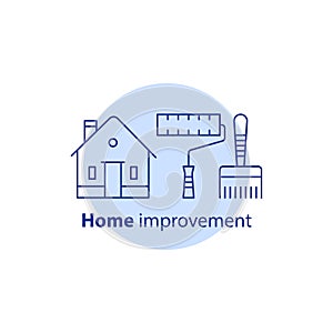 Home improvement, house paint services, renovation concept, paintbrush and paint roller tools, vector stroke icon