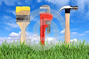 Home Improvement Tools Paintbrush, Pipe Wrench photo