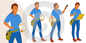Home inspector woman poses set for infographics or advertisement