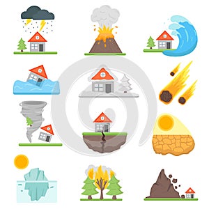 Home insurance business set vector illustration with house icons suffering from natural events or disasters.