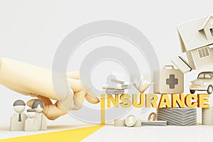 Home insurance concept, cartoon home, car, life, family and medical care. 3D rendering under an umbrella insurance