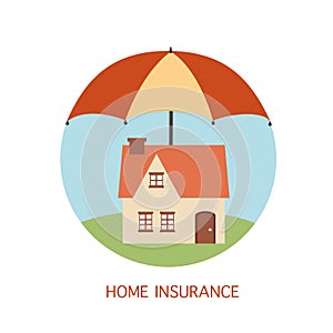 Home insurance concept flat design vector illustration. House protected under umbrella. Residents home real estate protection.