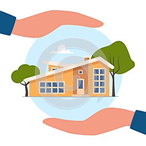 Home insurance concept. Hands protecting house from danger. Real estate insurance. Advertising of insurance services. Vector