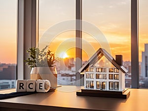 Home insurance concept, house on table with sunset and a plant, generative using ai tool