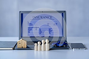 Home insurance concept, laptop mockup on table, real estate loan