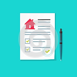 Home insurance or legal agreement document vector, flat cartoon house contract or mortgage form with financial checklist