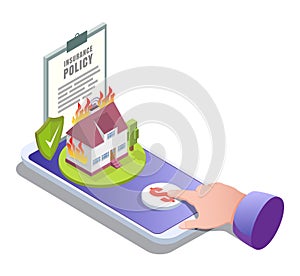 Home insurance online, vector flat isometric illustration