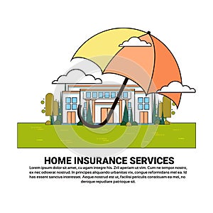 Home Insurance Services Banner With Umbrella Over Real Estate Property Protection And Safety Concept