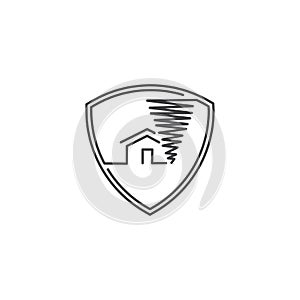 Home insurance and tornado protection, building shield from hurricane . Vector icon logo illustration