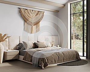 Home interior background, cozy beige bedroom with big bed, wooden beams and macrame, modern style, 3d render