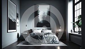 Home interior background, cozy gray bedroom with big bed, modern style, Generative AI