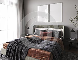 Home interior background. Cozy green with orange bedroom. White mock up frame, natural furniture and black table. Modern