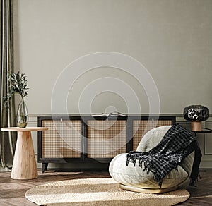 Home interior background, cozy room with natural wooden furniture, Scandi-Boho style