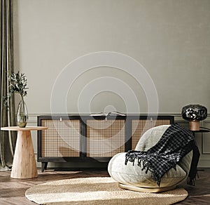 Home interior background, cozy room with natural wooden furniture, Scandi-Boho style photo