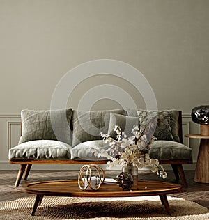 Home interior background, cozy room with natural wooden furniture, Scandi-Boho style photo