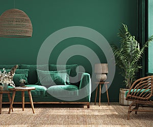 Home interior background with green sofa, table and decor in living room