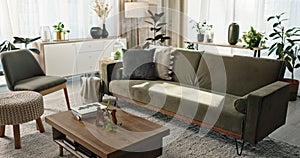 Home, interior and background of living room with sofa, couch and table of furniture. Lounge design in modern house