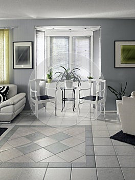 Home interior with bow window