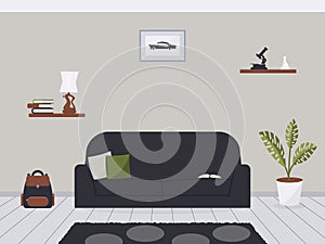 Home interior boy teenager room . Furniture pieces in schoolboy place. Vector illustration. Trendy living room furniture. Sofa,