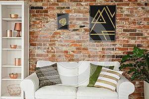 Home interior with brick wall