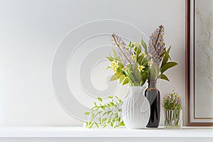 Home interior with decor elements with Spring flowers in a vase on a light background