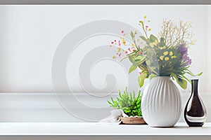 Home interior with decor elements with Spring flowers in a vase on a light background