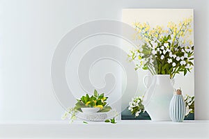 Home interior with decor elements with Spring flowers in a vase on a light background