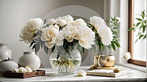 Home interior with decor elements. White peonies in a vase on a white background