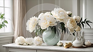 Home interior with decor elements. White peonies in a vase on a white background