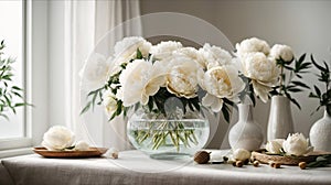 Home interior with decor elements. White peonies in a vase on a white background