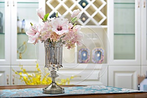 Home interior decor,metal , bouquet in glass vase