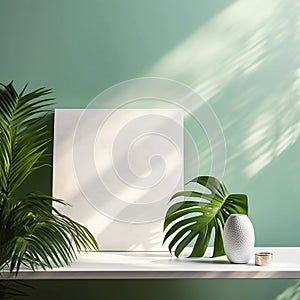 home interior design closeup with white vase and green leaves with sun ray - generated ai photos