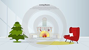 Home interior design with furniture. Living room with fireplace, red armchair and Christmas tree in flat design.