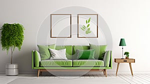 home interior design with green sofa and trendy decoration in white living room, 3d render