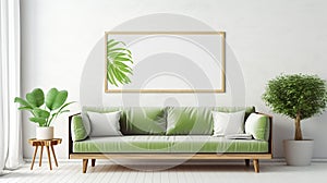 home interior design with green sofa wooden table and white wall