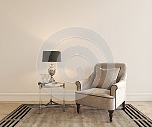 Home interior design living room. Armchair, table and decor with lamp. 3d render illustration modern classic style.
