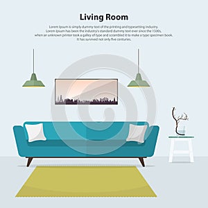 Home interior design. Modern living room interior with blue sofa. Vector