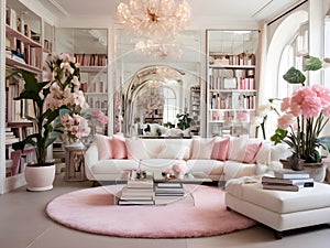 Home interior design with pink flowers and coaches for girls photo