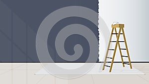 Home interior design. The stairs are placed in the middle of the living room the wall was not finished painting. Vector.