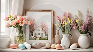 Home interior with easter decor. Mockup with a white frame and willow branches in a glass vase on a light background