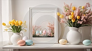 Home interior with easter decor. Mockup with a white frame and willow branches in a glass vase on a light background