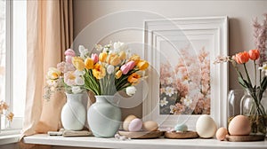 Home interior with easter decor. Mockup with a white frame and willow branches in a glass vase on a light background