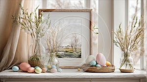 Home interior with easter decor. Mockup with a white frame and willow branches in a glass vase on a light background